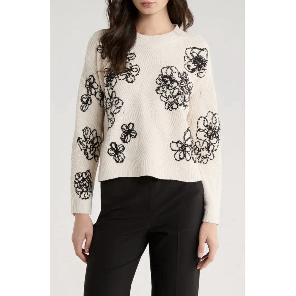 Vince Camuto Beige Black Floral Embroidered Crew Neck Long Sleeve Sweater XS